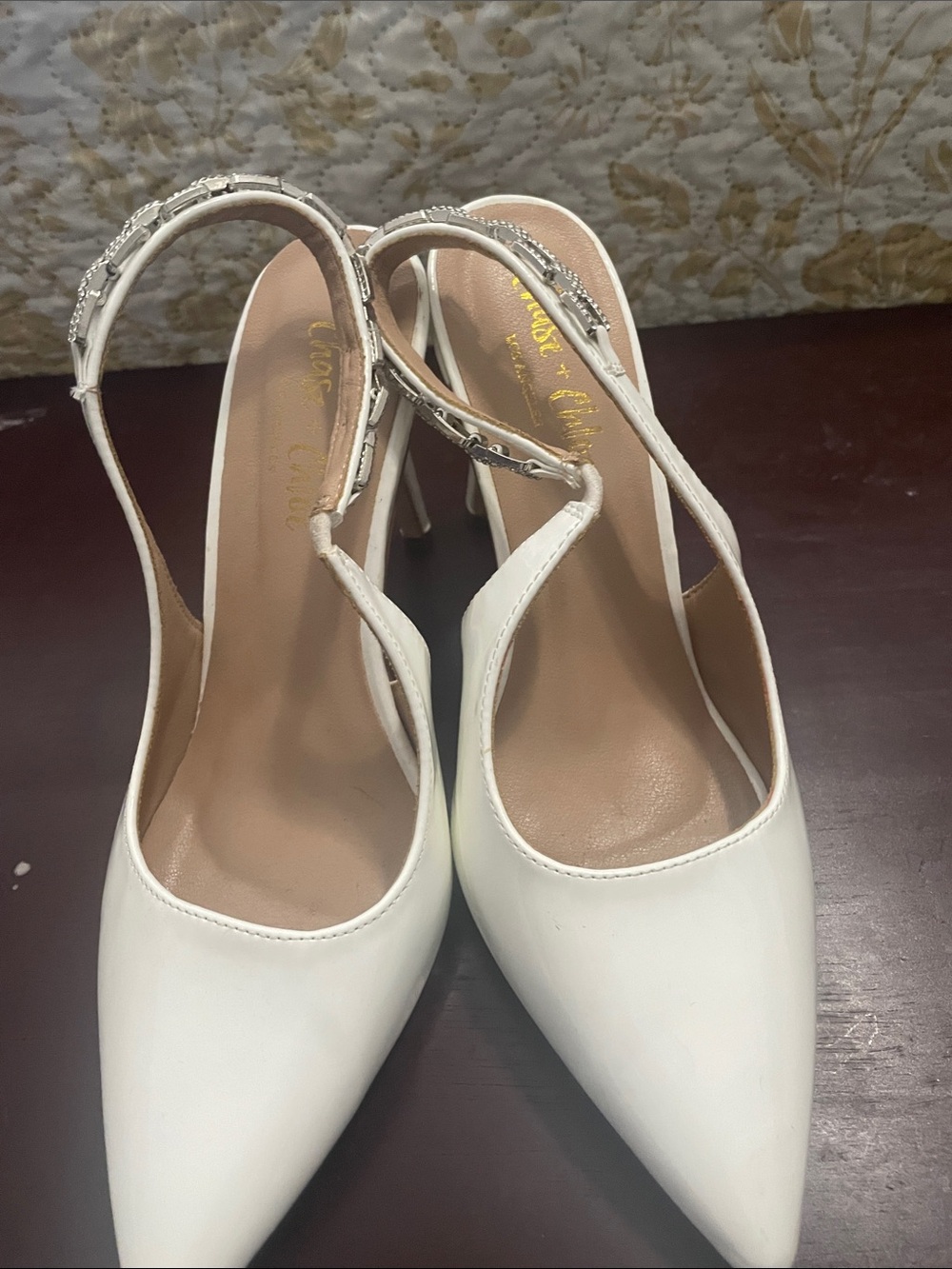 Chase + Chloe White Pointed Slingback Heels with Embellished Strap